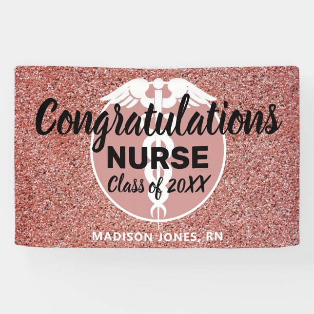 Personalised Nurse Graduation Rose Gold Glitter Banner (Horizontal)