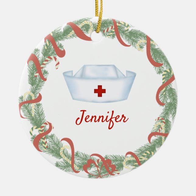 Personalised  Nurse Hat Christmas Wreath Ceramic Tree Decoration (Front)