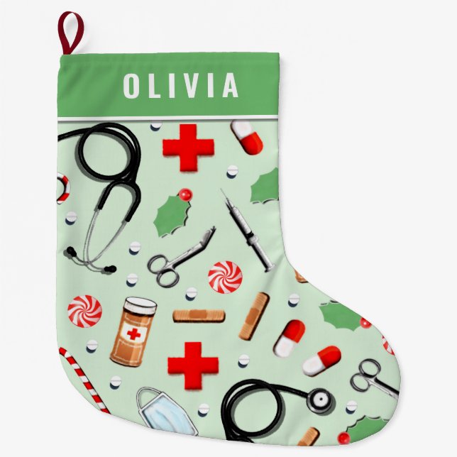 Personalised Nurse Holiday Gift Large Christmas Stocking (Front)