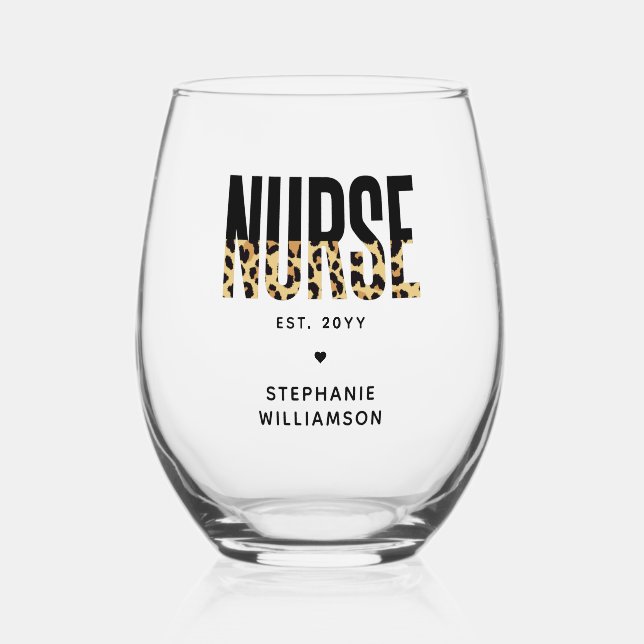 Personalised Nurse Leopard Print RN Graduation Stemless Wine Glass (Front)