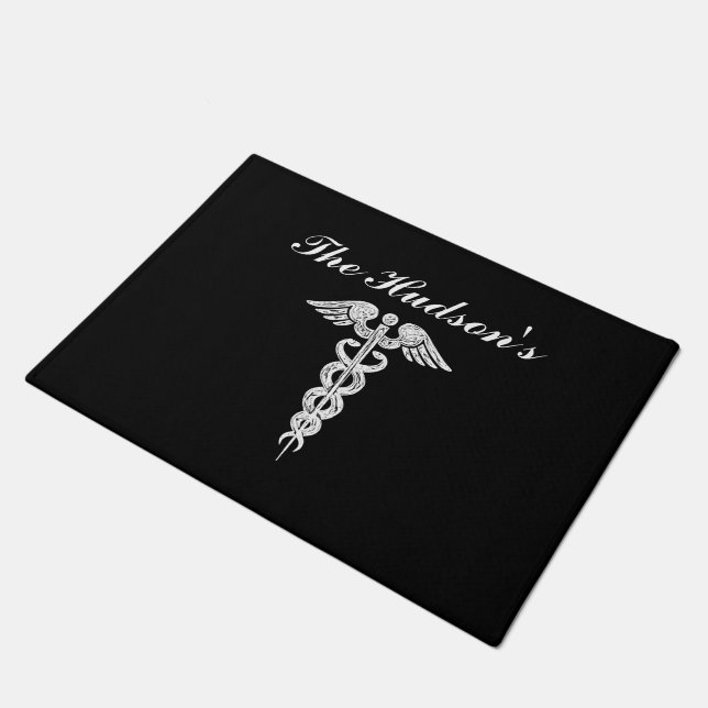 Personalised Nurse Medical Caduceus Black White Doormat (Angled)