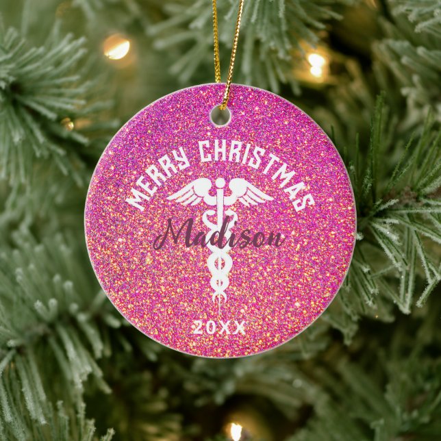 Personalised Nurse Pink Glitter Christmas Ceramic Tree Decoration (Tree)