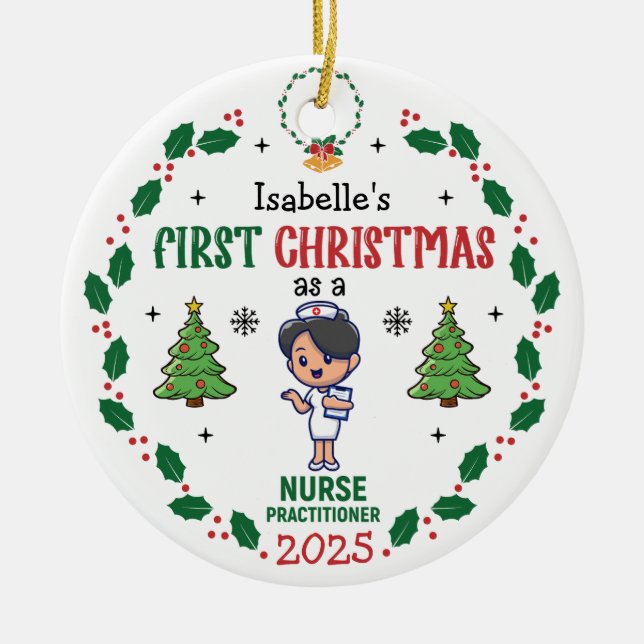 Personalised Nurse Practitioner First Christmas Ceramic Tree Decoration (Front)