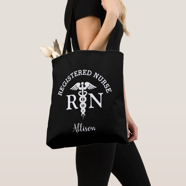 Personalised Nurse RN Black White Script Medical Tote Bag (Close Up)