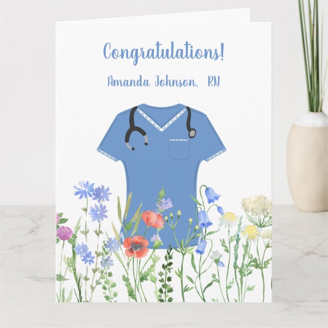 Personalised Nurse RN LPN NP Blue Scrubs Card (Front)