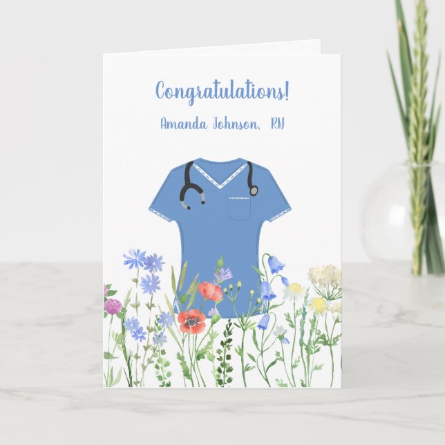 Personalised Nurse RN LPN NP Blue Scrubs Card (Front)