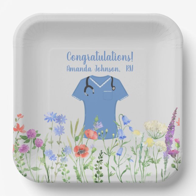 Personalised Nurse RN LPN NP Blue Scrubs Paper Plate (Front)