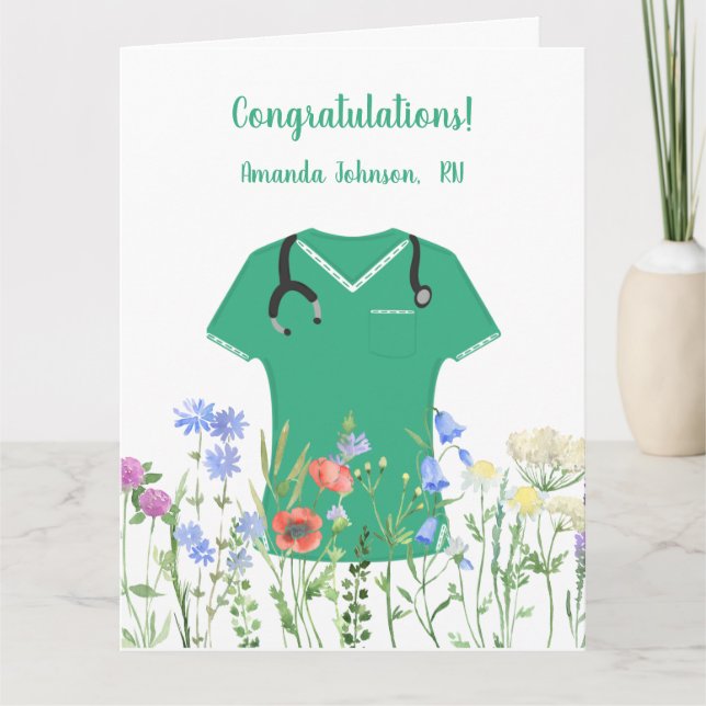 Personalised Nurse RN LPN NP Green Scrubs Card (Front)