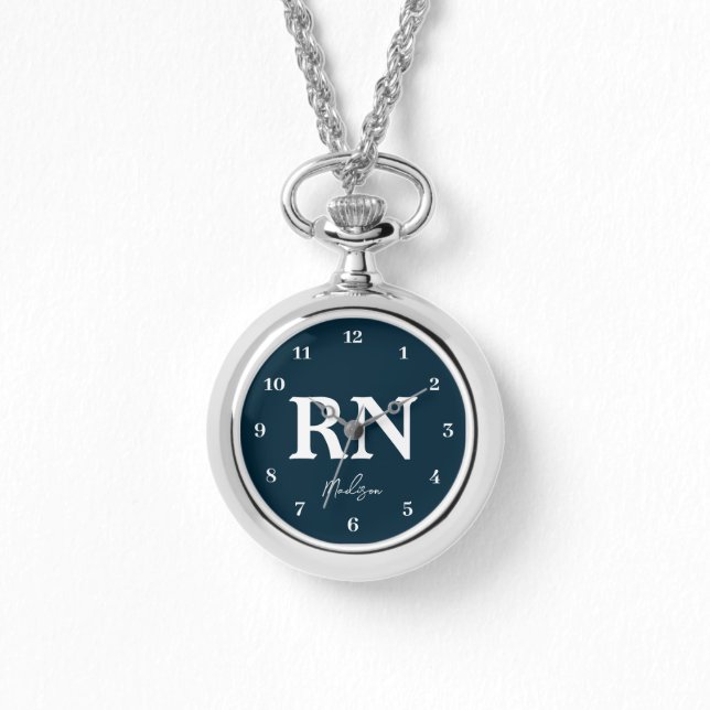Personalised Nurse RN Navy Blue White Script Watch (Front)