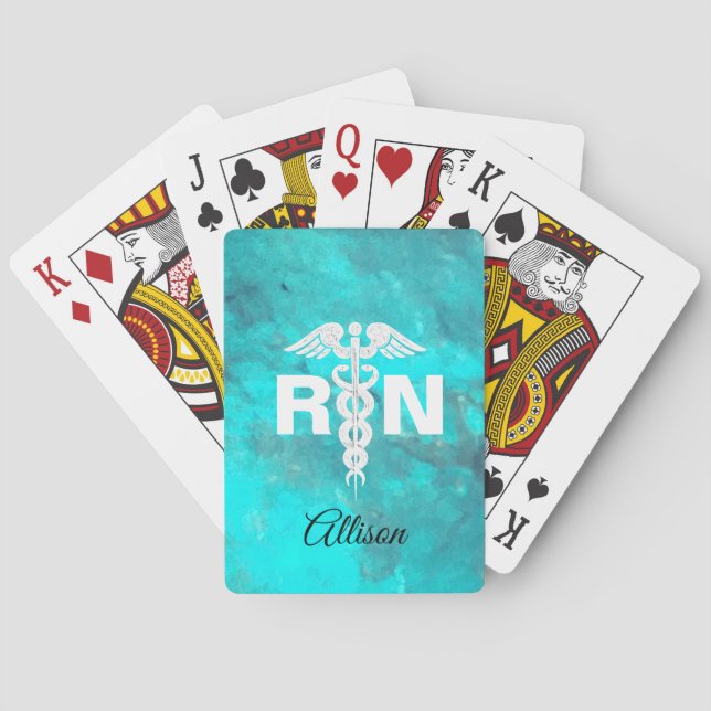 Personalised Nurse RN Turquoise Marble Caduceus Playing Cards (Back)