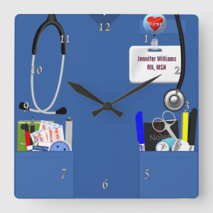 Personalised Nurse Scrubs in Blue Square Wall Clock