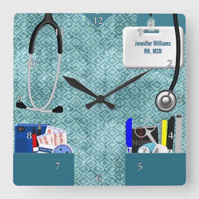 Personalised Nurse Scrubs in Teal Pattern Square Wall Clock (Front)