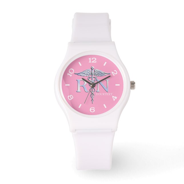 Personalised Nurse Silver Caduceus Pink Dial Watch (Front)