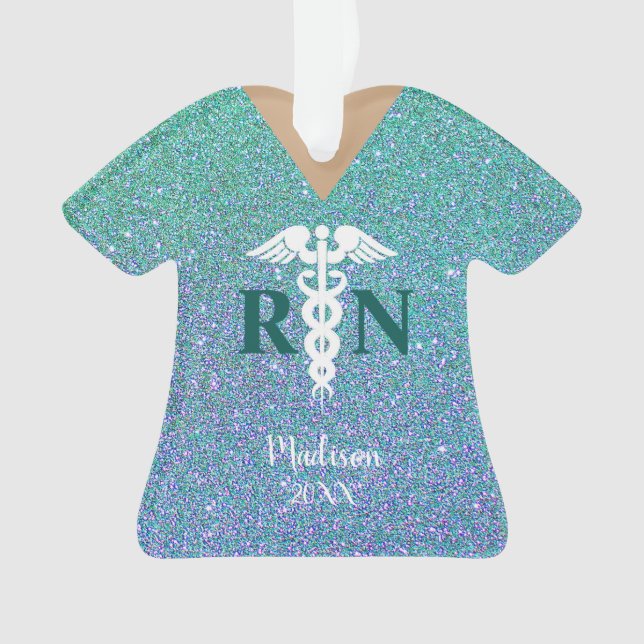 Personalised Nurse Teal Blue Glitter Scrub Top Ornament (Front)