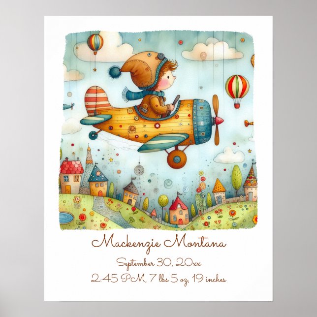 Personalised Nursery Art Child Flying Plane Poster (Front)