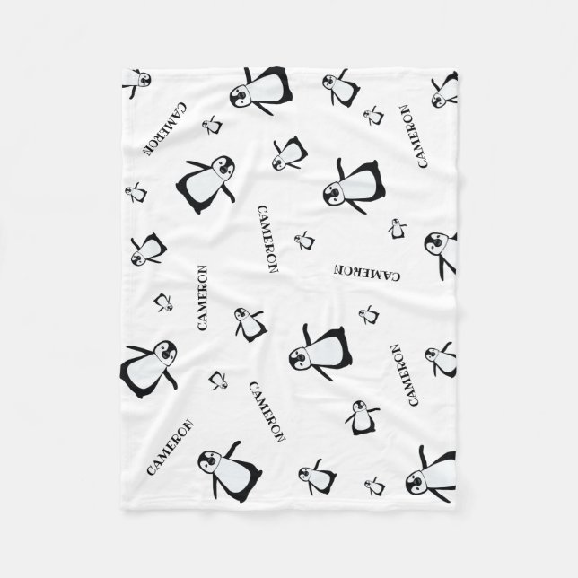 Personalised Nursery Black and white Penguin Fleece Blanket (Front)