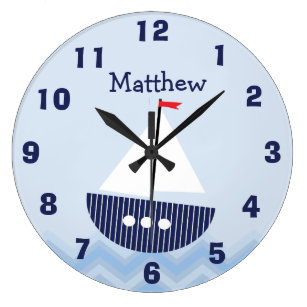 NAVY AND RED ANCHOR WALL CLOCK NURSERY DECOR CHILDREN'S PERSONALIZED NAUTICAL 