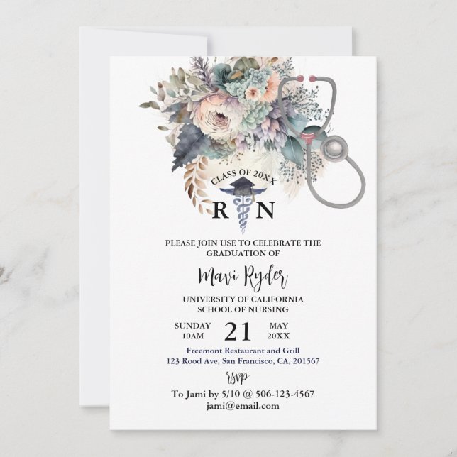 Personalised Nursing Graduation Boho FIoral Party Invitation (Front)