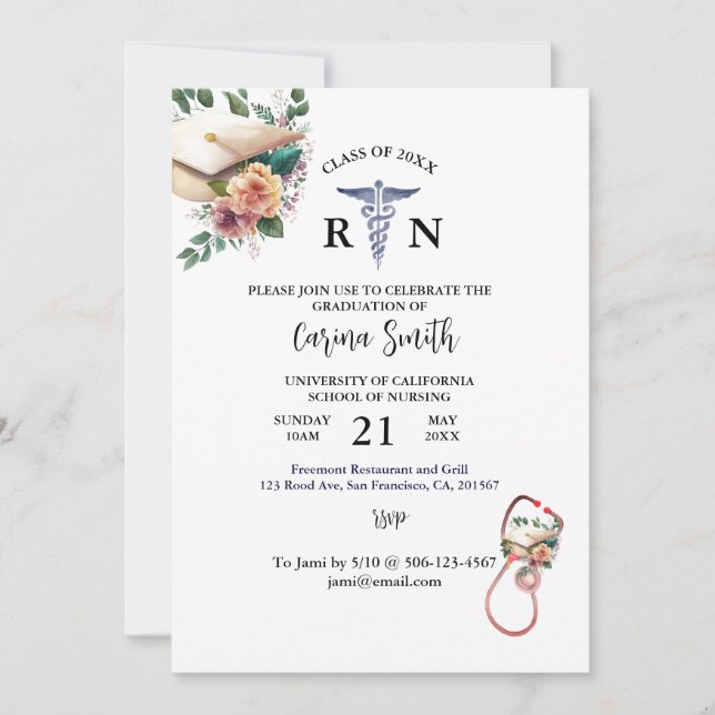 Personalised Nursing Graduation Minimal Floral Invitation (Front)