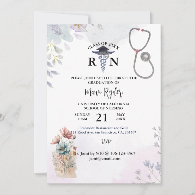 Personalised Nursing Graduation Watercolor FIoral  Invitation (Front)