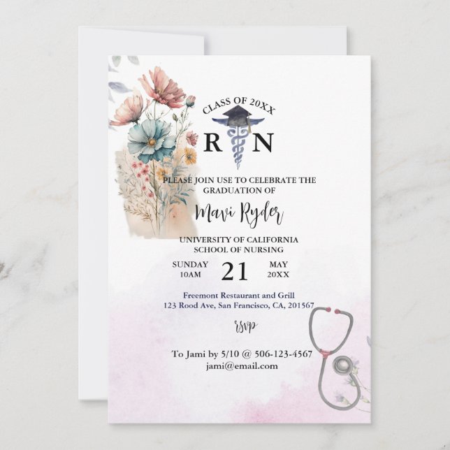 Personalised Nursing Graduation Watercolor FIoral Invitation (Front)