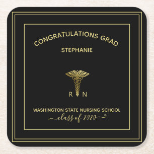 Personalised Nursing School black Graduation Party Square Paper Coaster