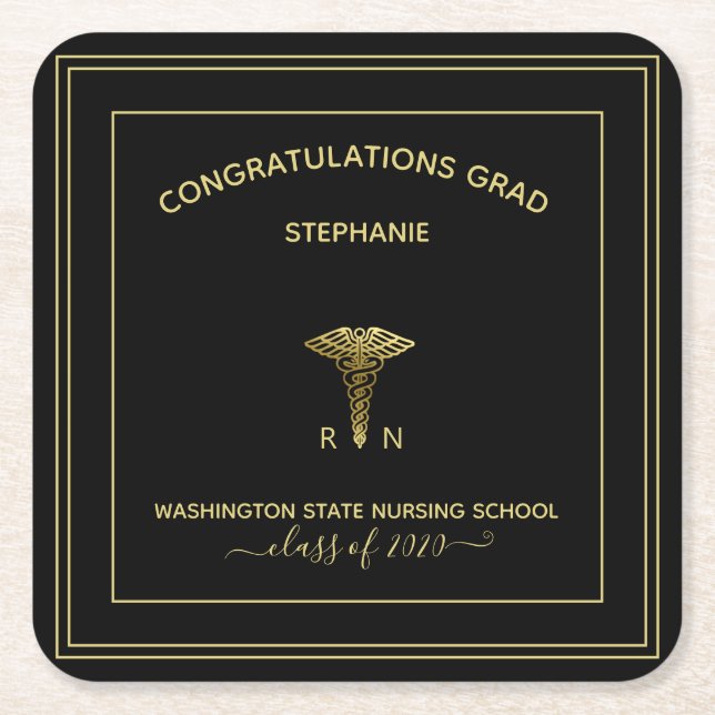 Personalised Nursing School black Graduation Party Square Paper Coaster (Front)