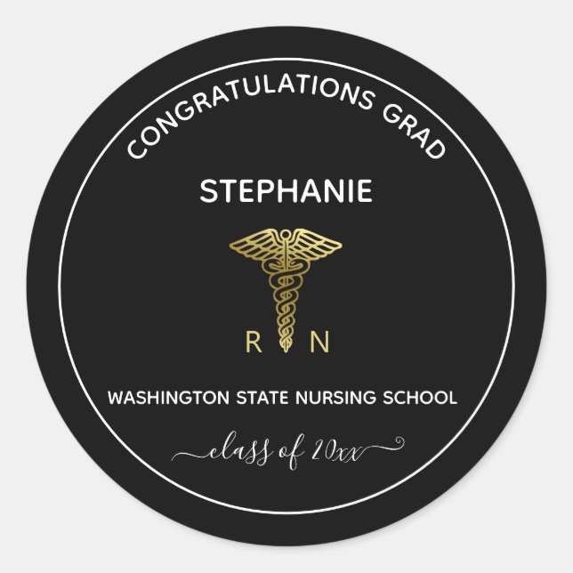 Personalised Nursing School Graduation Black Classic Round Sticker (Front)