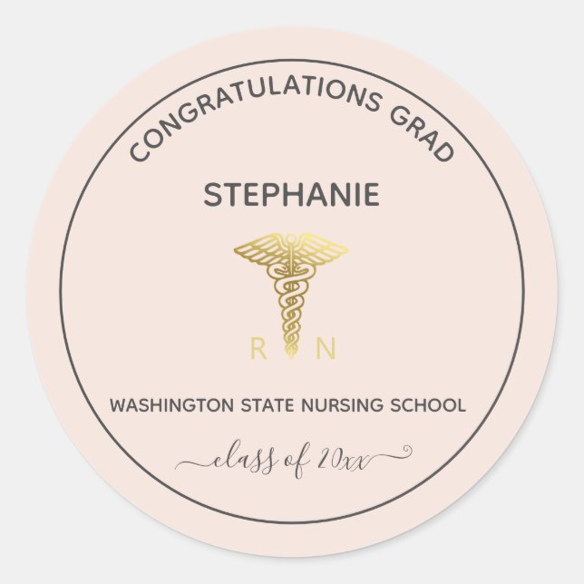 Personalised Nursing School Graduation Blush   Classic Round Sticker (Front)