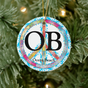 Personalised OB Ocean Beach California Peace Sign Ceramic Tree Decoration