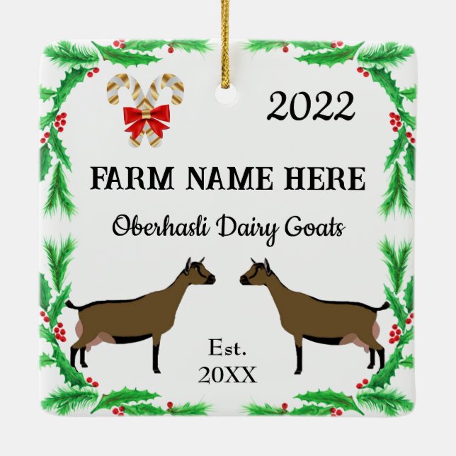Personalised Oberhasli Dairy Goat Farm Christmas Ceramic Ornament (Back)