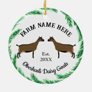 Personalised Oberhasli Dairy Goat Pine Wreath Ceramic Tree Decoration