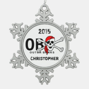 Personalised OBX Skull Crossbones Pirate Snowflake Pewter Christmas Ornament