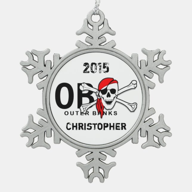 Personalised OBX Skull Crossbones Pirate Snowflake Pewter Christmas Ornament (Front)