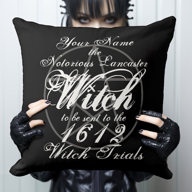 Personalised Occult Witch Trials Black Gothic Cushion (Add your Name and Date to reincarnate. Make yourself into a Notorious Witch  Gothic Throw Pillow.)