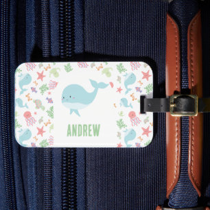 Personalised Ocean Animals Cute Whale Kids Pastel Luggage Tag