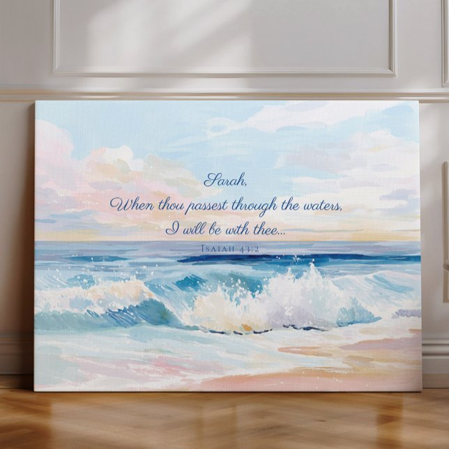Personalised Ocean Bible Verse, Isaiah 43:2 Canvas Print (custom name christian art)