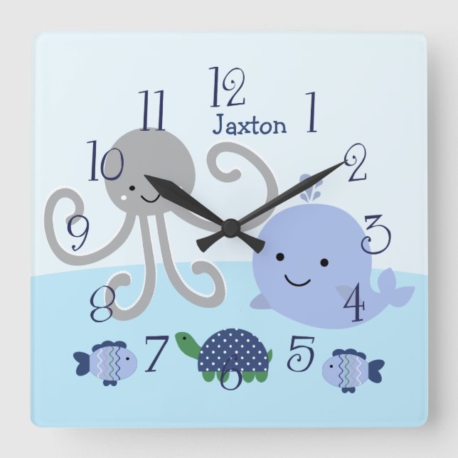 Personalised Ocean Blue Sea Life Baby Clock (Front)