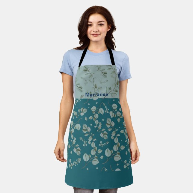 Personalised Ocean Blues Greens Florals Apron (Worn)