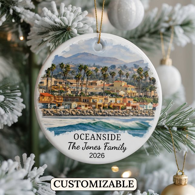 Personalised Oceanside Ornament, Custom California Ceramic Tree Decoration (Creator Uploaded)
