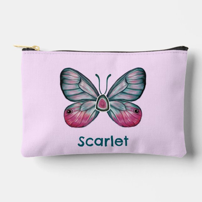 Personalised October Pink Glasswing Butterfly Art Accessory Pouch (Front)