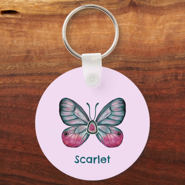 Personalised October Pink Glasswing Butterfly Art Key Ring (Front)