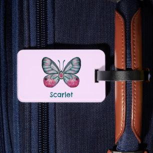 Personalised October Pink Glasswing Butterfly Art Luggage Tag