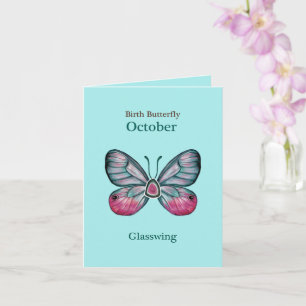 Personalised October Teal Glasswing Butterfly Art Card