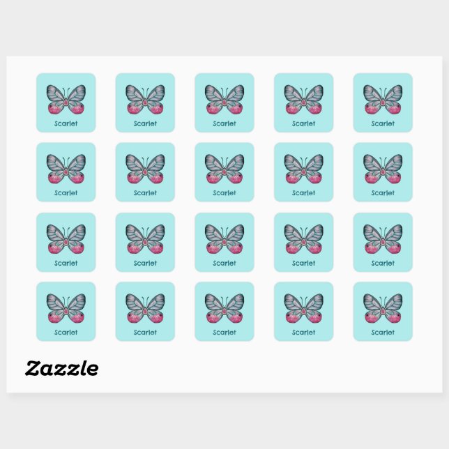 Personalised October Teal Glasswing Butterfly Art Square Sticker (Sheet)