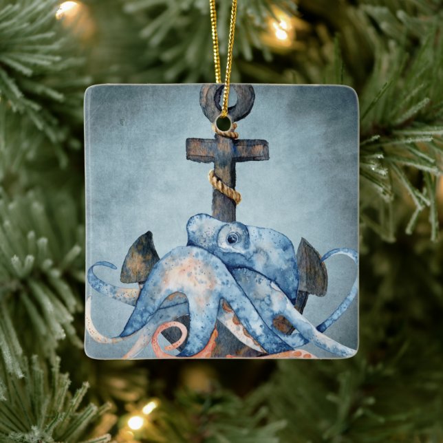 Personalised Octopus and Anchor Nautical Christmas Ceramic Ornament (Tree)