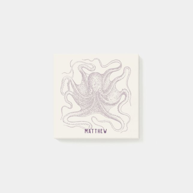 Personalised Octopus Illustrated Purple and Cream Post-it Notes (Front)