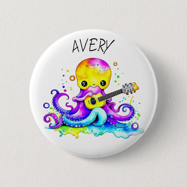 Personalised Octopus Playing Guitar Psychedelic   6 Cm Round Badge (Front)