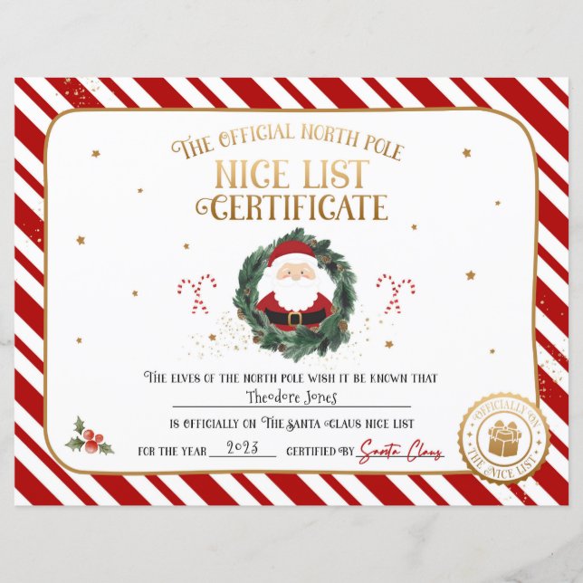 Personalised Official Nice List Certificate (Front)