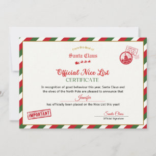 Personalised Official Nice List Certificate Santa Invitation